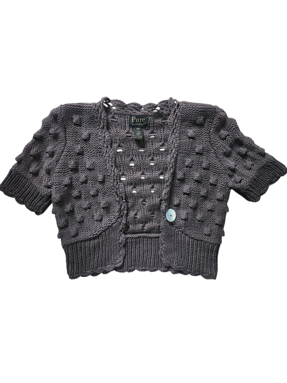 Pure Handknit Chunky Knit Cropped Cardigan | Grey Bobble Knit Sweater S/M